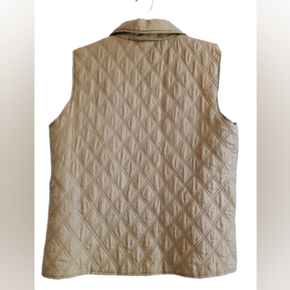 Selene Paris 100% Silk Tan/Olive Quilted Zippered Vest Women's Medium Vintage - Picture 2 of 8